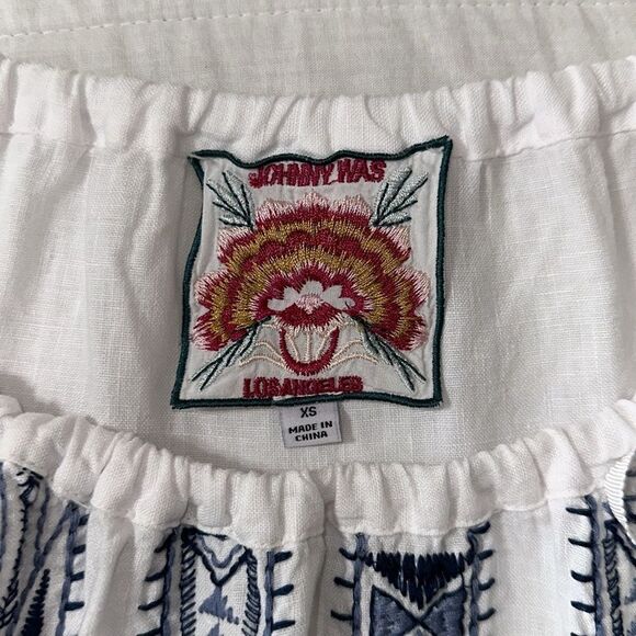 Johnny Was XS Davis Tie Peasant Bohemian White Blue Pink Embroidered Linen Top - Picture 12 of 14